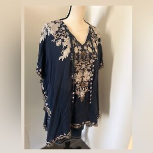 Johnny Was Navy and Cream Embroidered Tunic